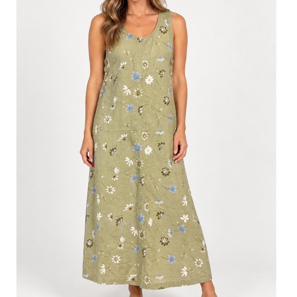 Jane Ashley Floral Linen Blend Maxi Dress Cottagecore Side Button Petite Large